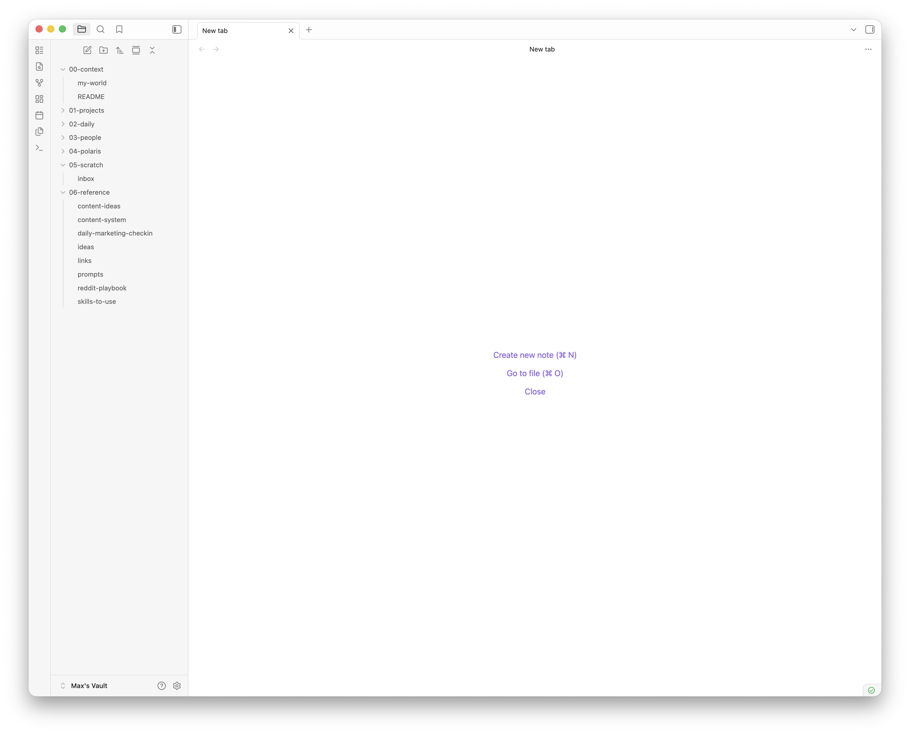 My Obsidian vault structure showing project files, daily notes, and reference docs