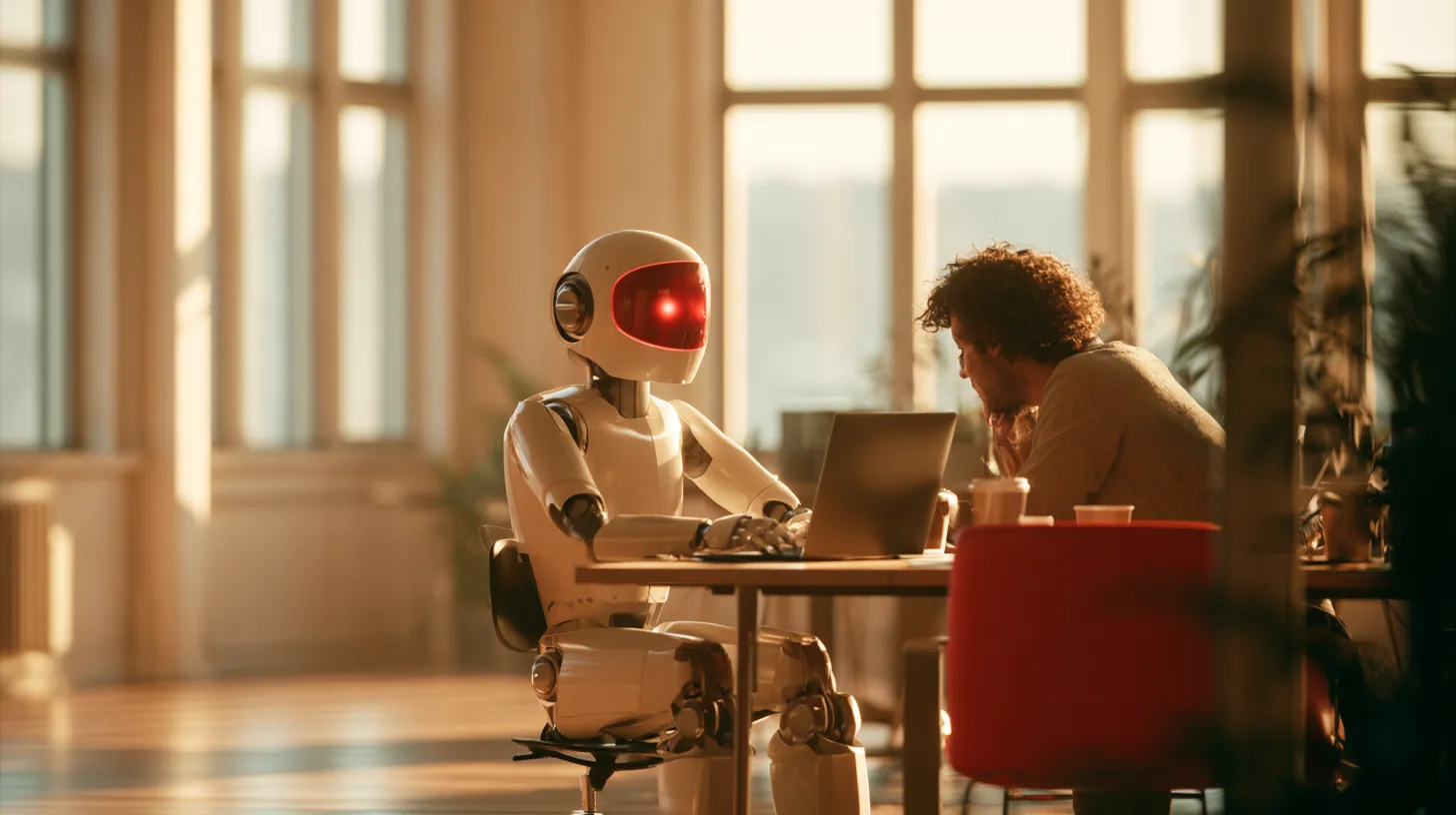 A white robot and a person working side by side at a desk in a sunlit office